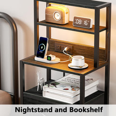Furnulem bedside table in use with USB charging and power cord visible