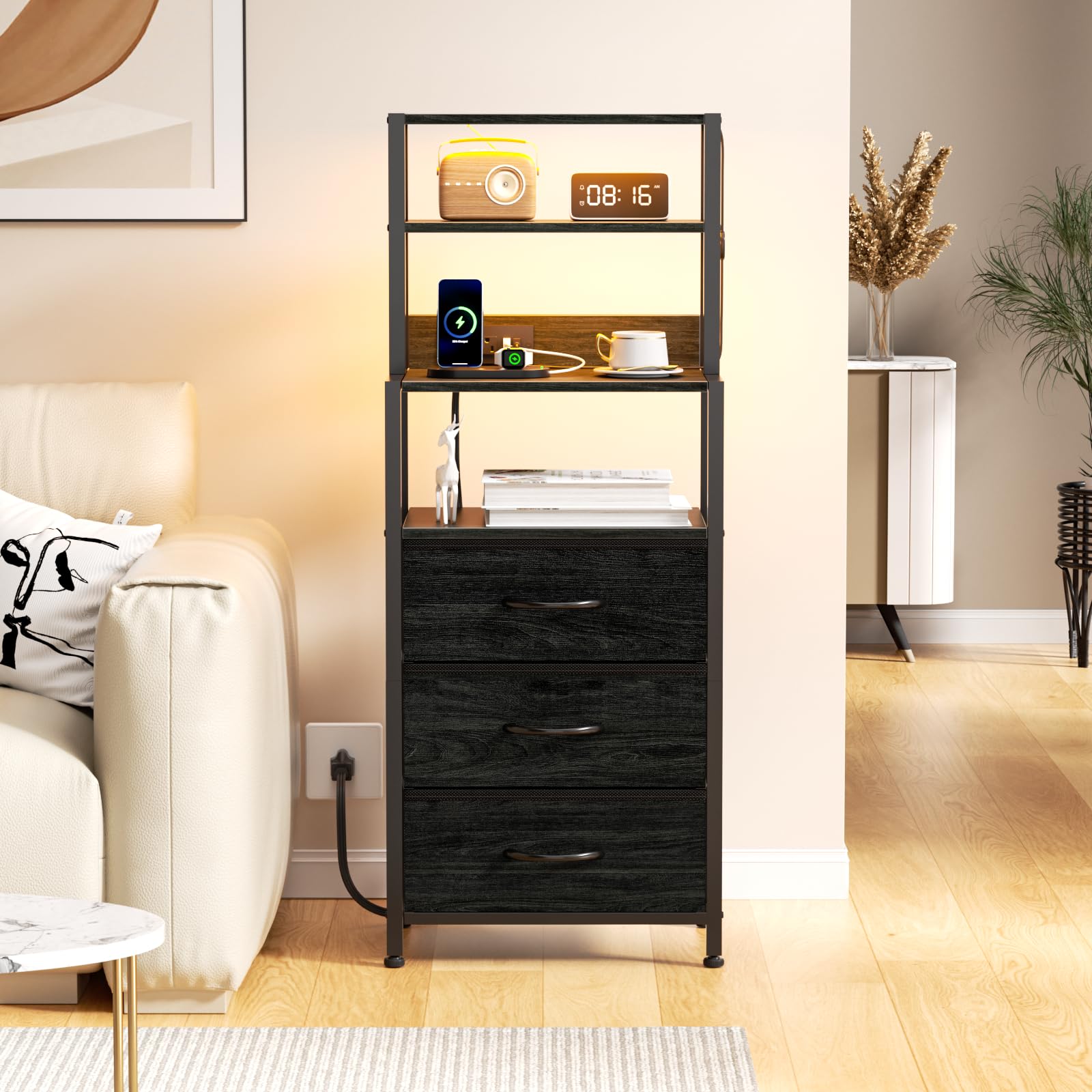 Furnulem Night Stand bedside table with 4 shelves and fabric drawers