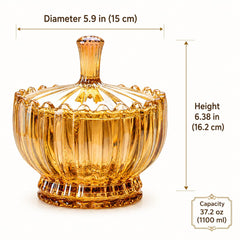 Amber glass candy dish with lid showing 1100ml capacity