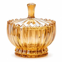FUTYA vintage amber glass candy dish with lid on countertop