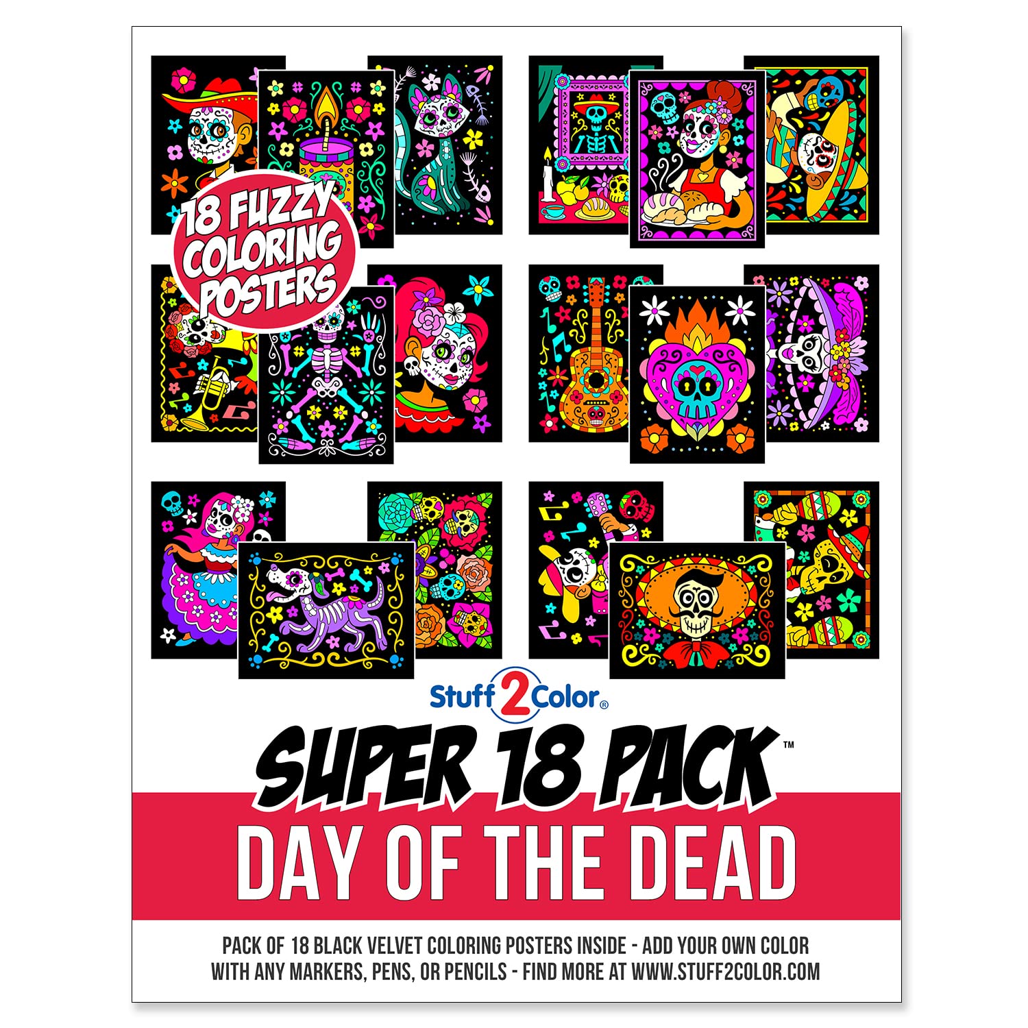 Uncolored 18-pack fuzzy velvet coloring posters with Day of the Dead designs
