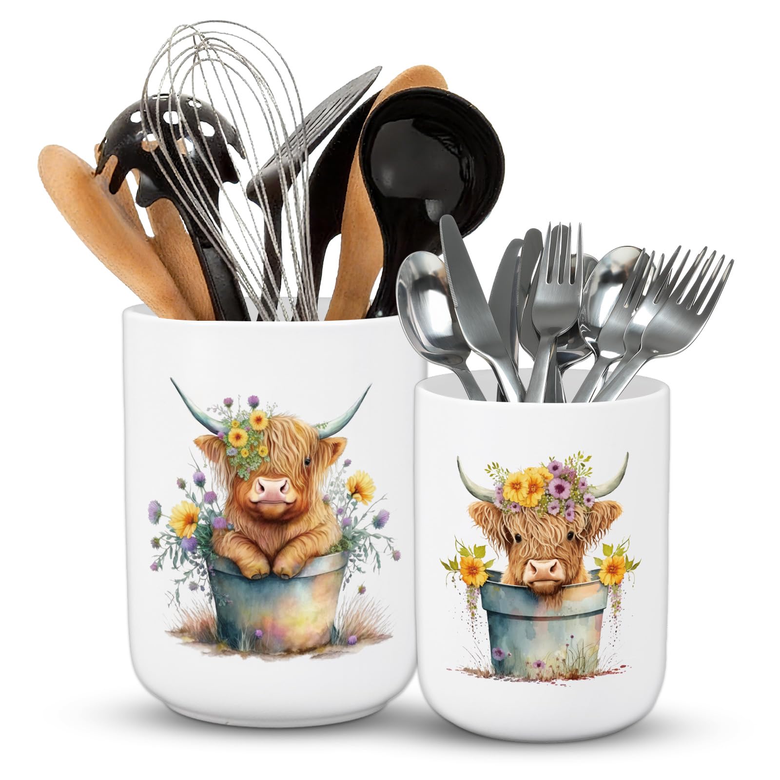 FYSUIMU Highland cow ceramic utensil holder set of 2 on kitchen counter