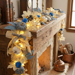GAGEC blue 5.7ft fall garland with lights hanging on mantle