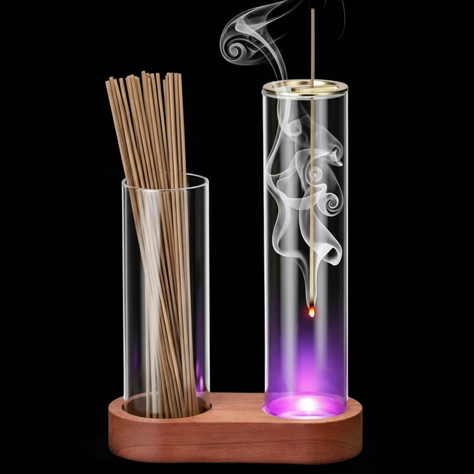 Gandeer Glass Glowing Incense Holder base made of natural wood with storage