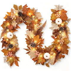 mantle decor fall garland with lights and pinecones