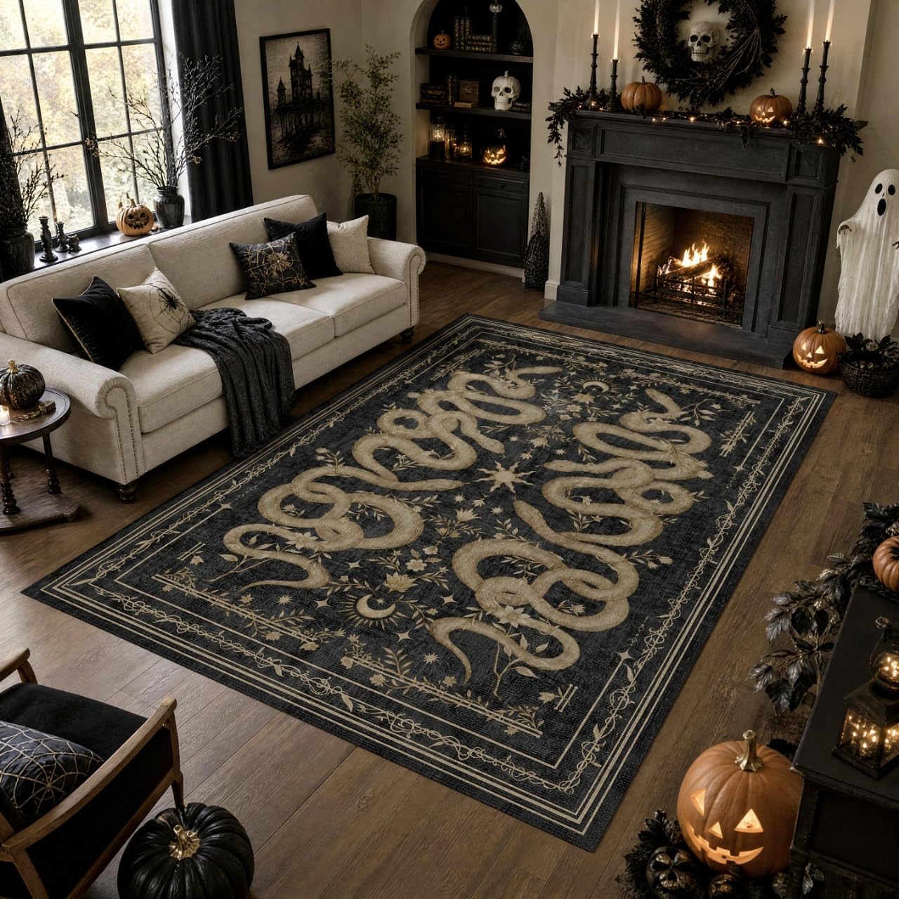 Garvee Snake Gothic 8x10 area rug with black and gray tones