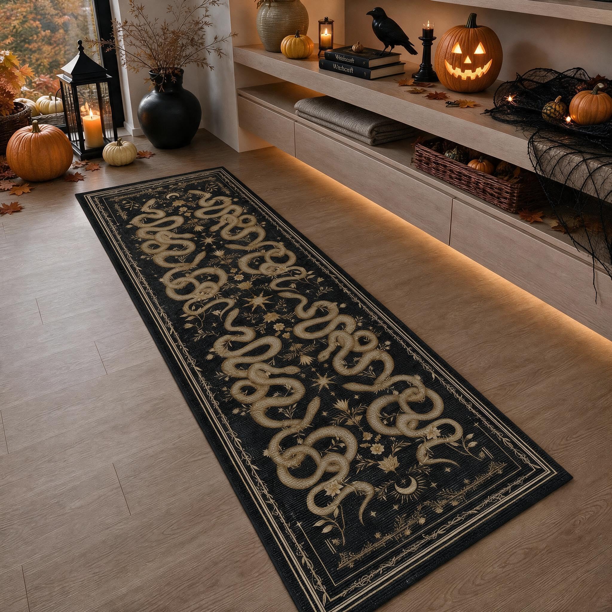 Garvee Snake Gothic runner rug 2x6 black gray with non-slip TPE backing