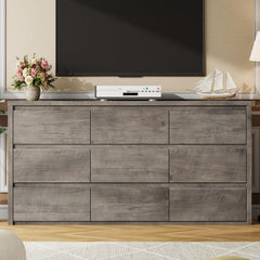Large wood dresser placed in a living room corner