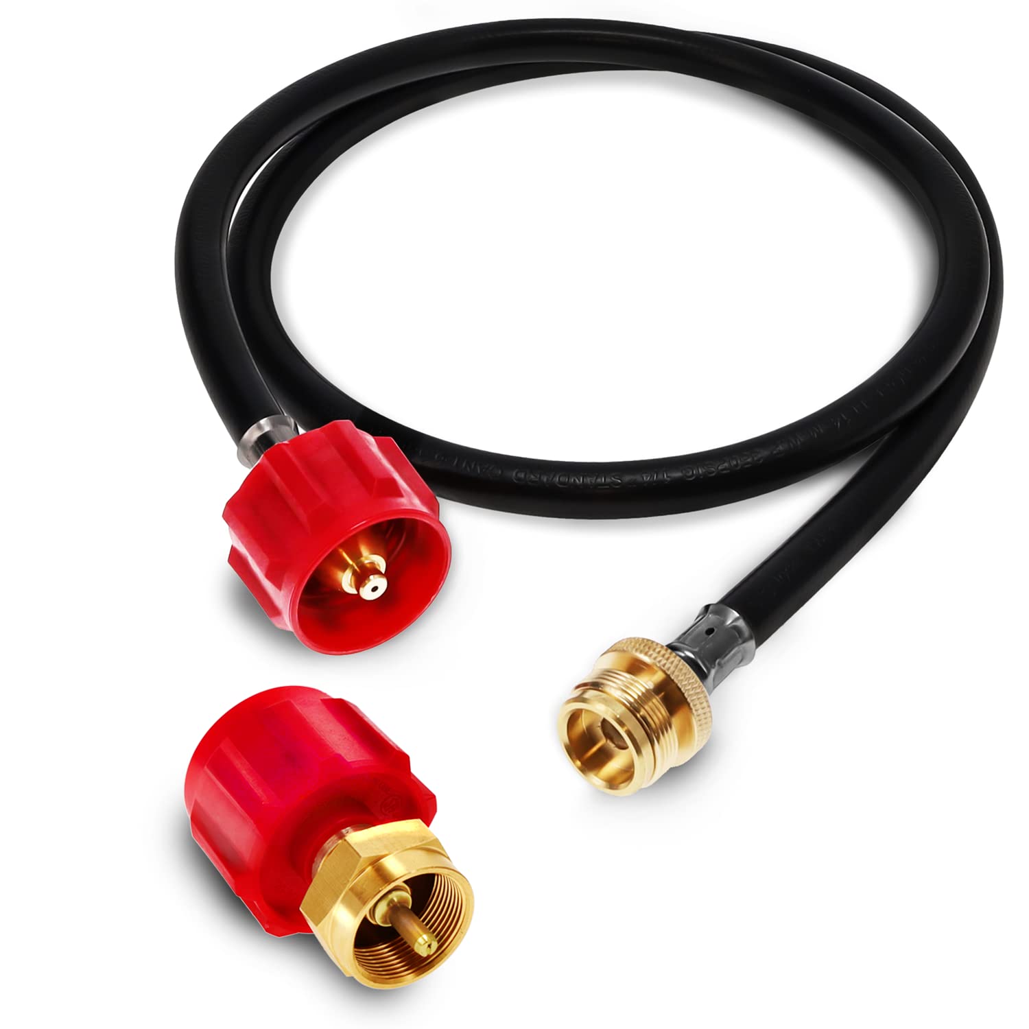 Gas One propane refill adapter with 4ft hose between 1lb and 20lb tanks