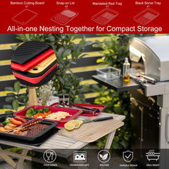 Red raw meat prep tray and black serving tray color coded