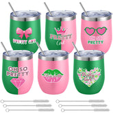 Geiserailie pink and green sorority tumblers 12 oz with lids