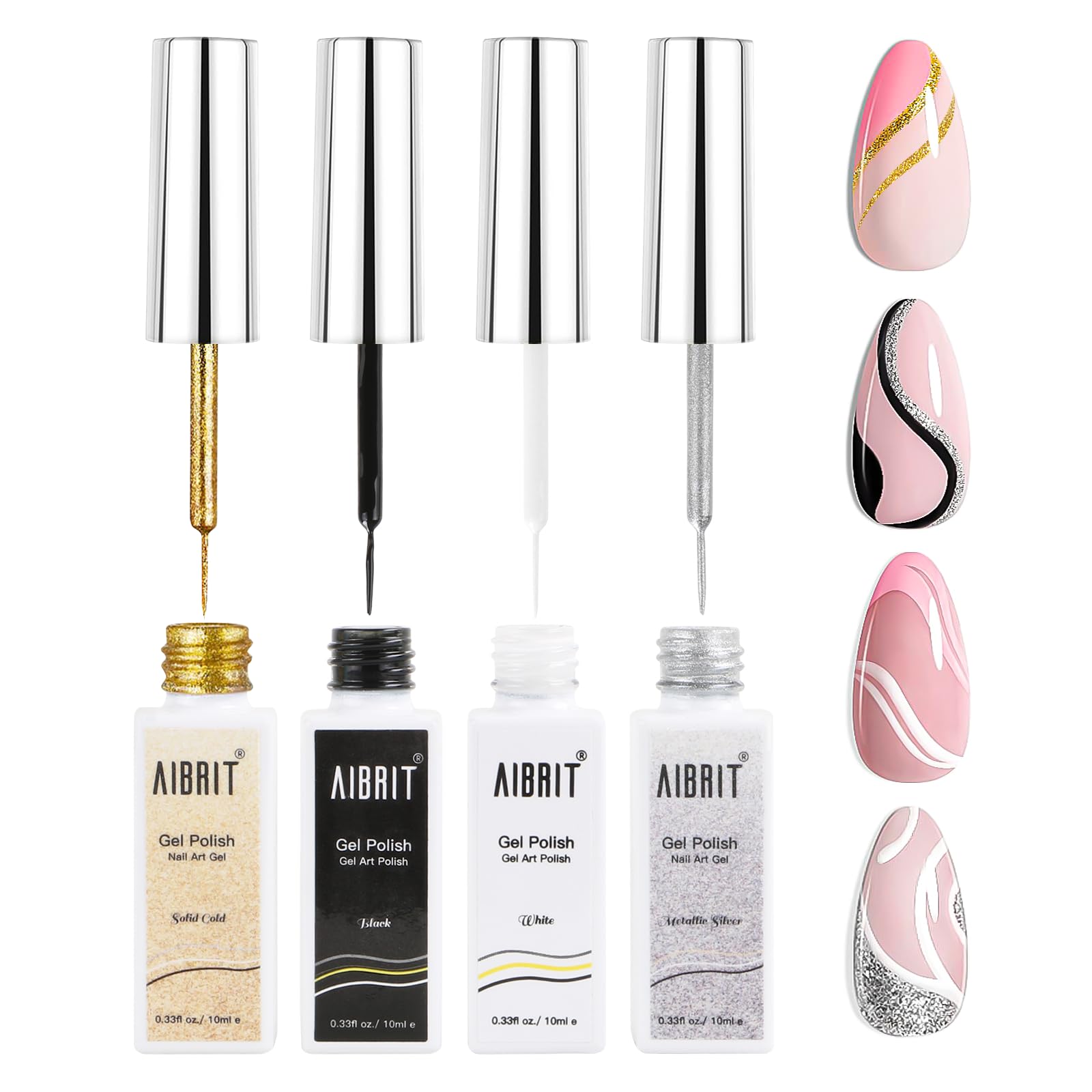 Gel Liner Art Polish Set 10ml four color Gold Silver Black White with built in thin brush
