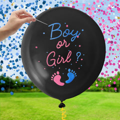 Two jumbo 36 inch black gender reveal balloons with blue and pink confetti