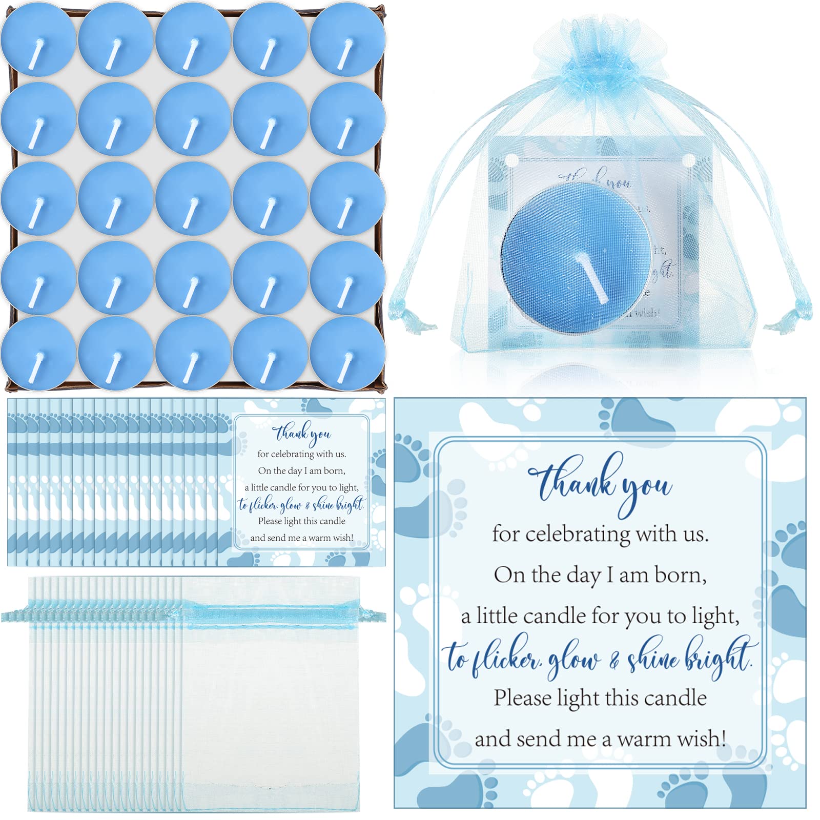 Geosar 50 Sets Baby Shower Favors blue candles cards organza bags