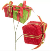 Gift Boxes Pick Christmas ornament with red and green fabric wrapped gift boxes