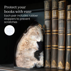Heavy-duty bookends with plastic stoppers on shelves