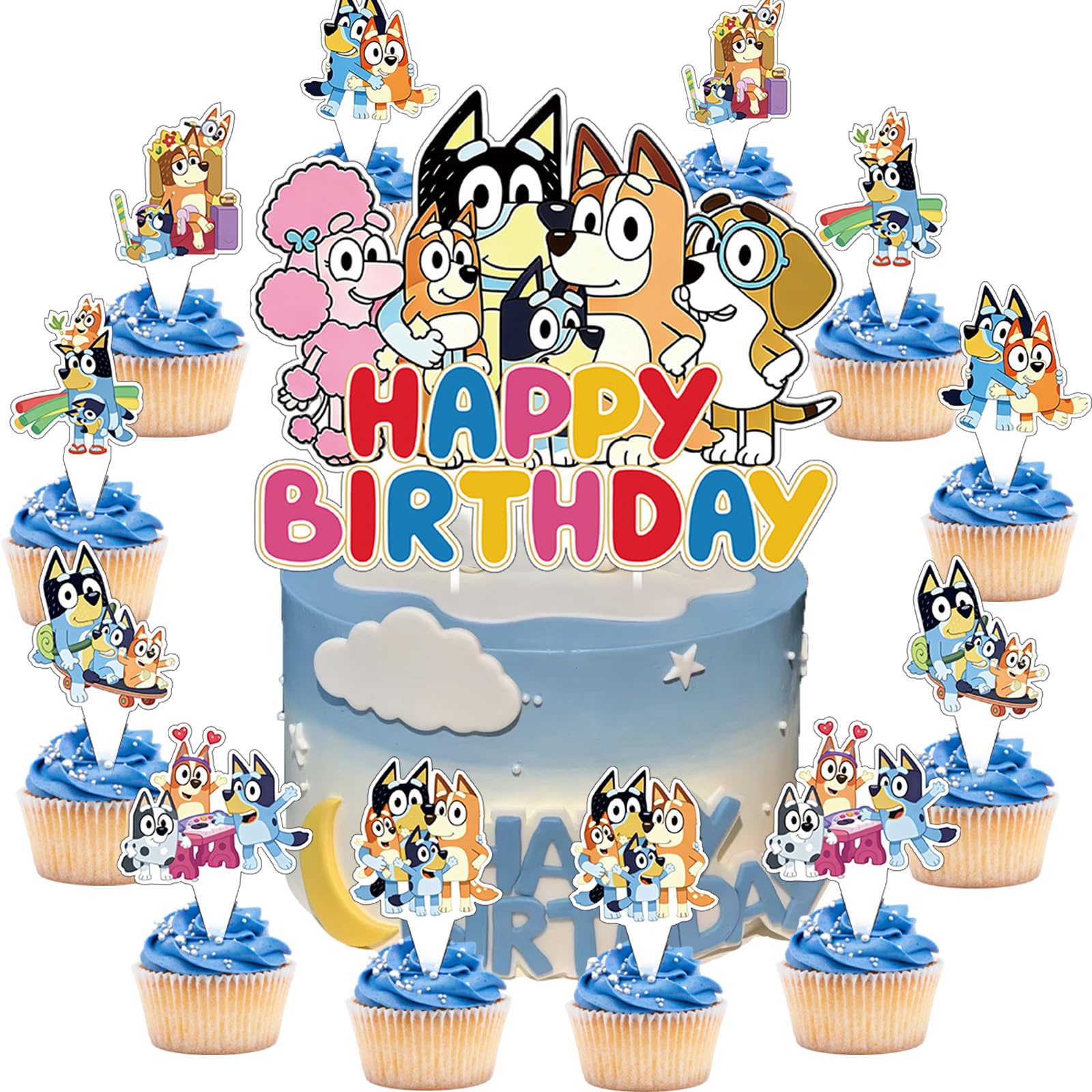 GIGBU Bluey cake decorations 25Pcs set with 1 birthday topper and 24 cupcake toppers