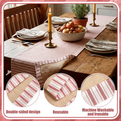 Two sided table runner showing cotton striped side and burlap backing