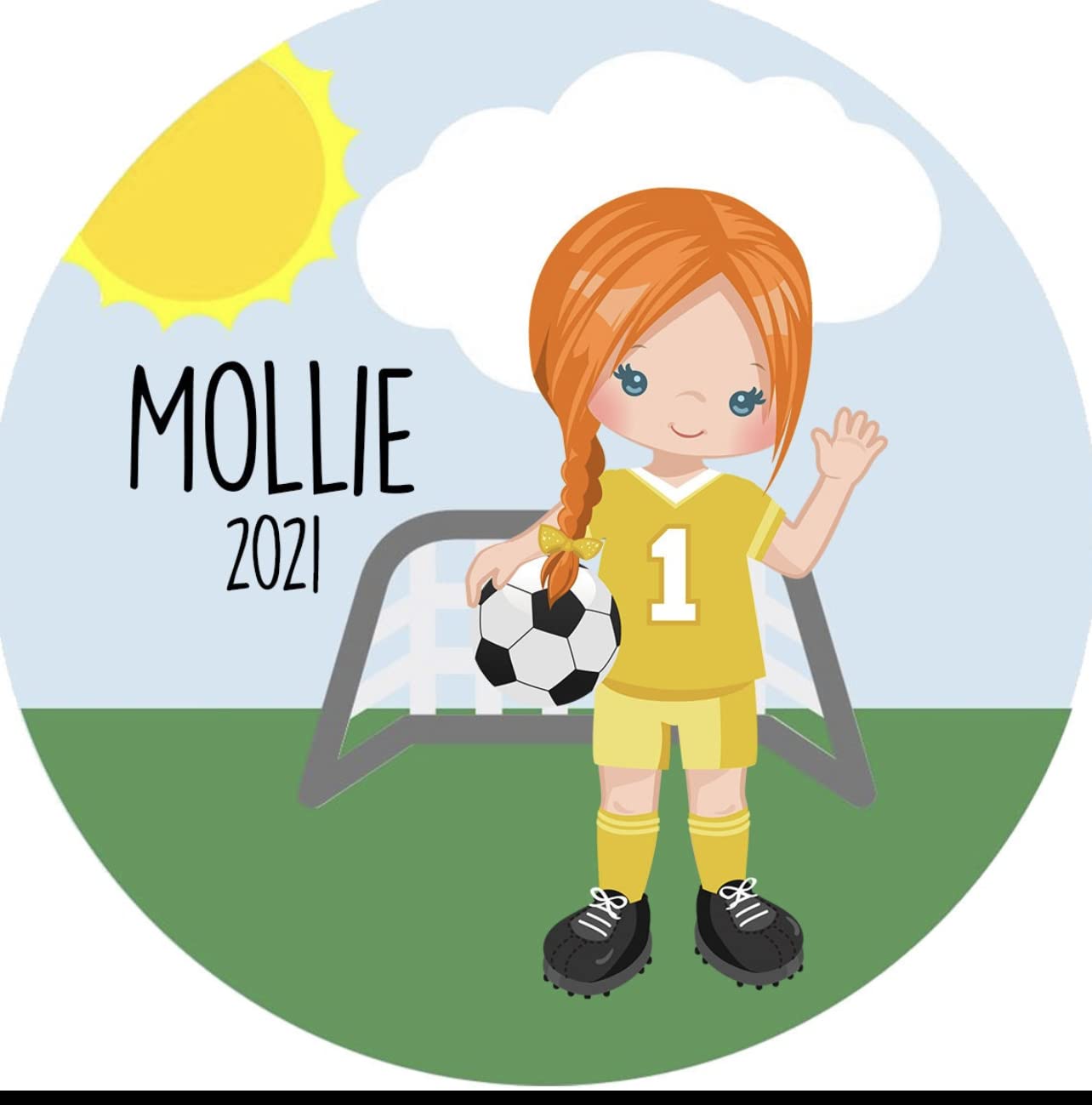 Girl Soccer Player Ornament Red Hair 3 inch diameter includes hanging ribbon