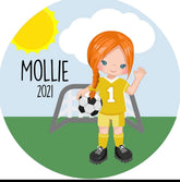 Girl Soccer Player Ornament Red Hair 3 inch diameter includes hanging ribbon