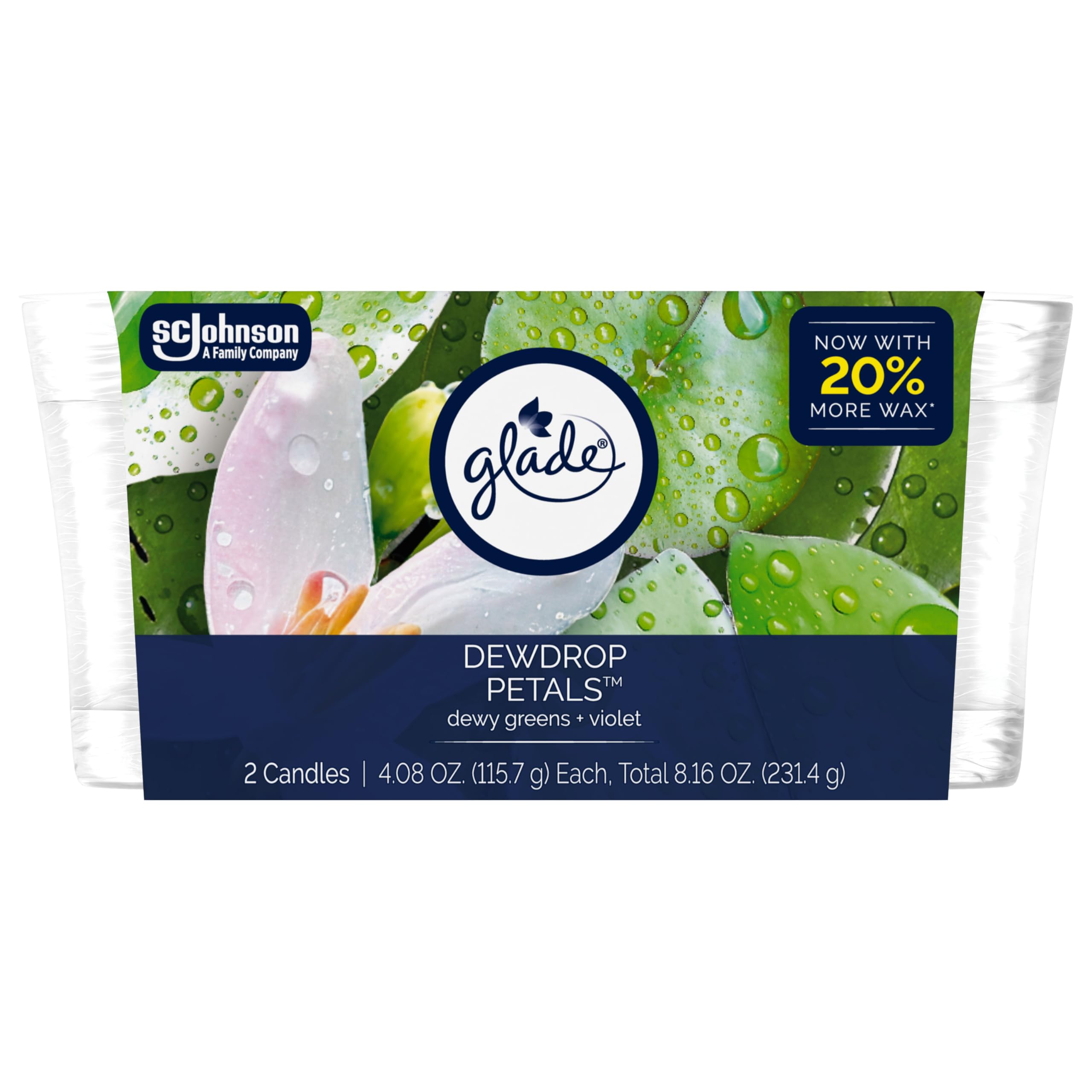 Glade 1-Wick Scented Candle Jar Dewdrop Petals packaging