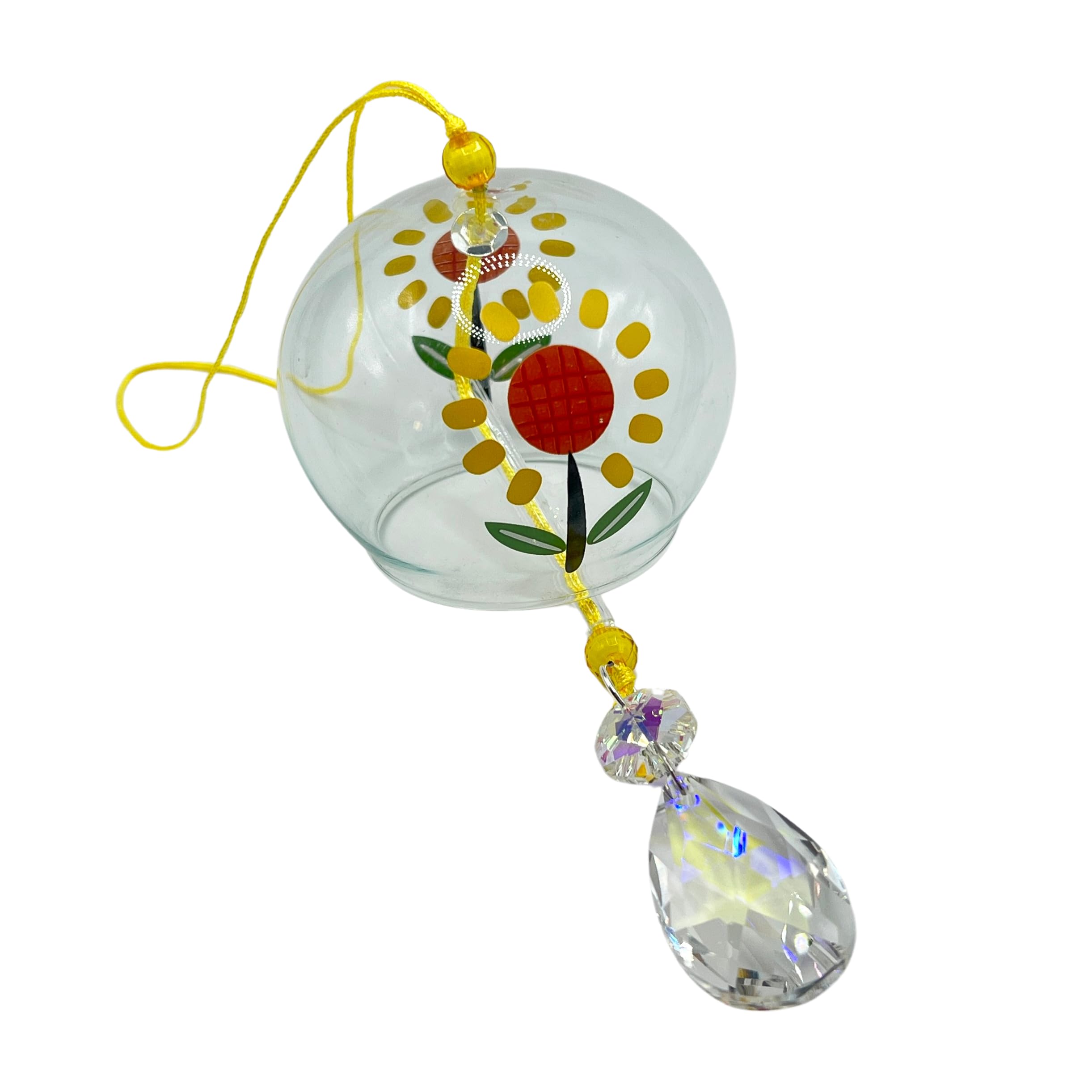 Glass Flower Sun Catcher with crystal pendant 3 inch diameter yellow sunflower design