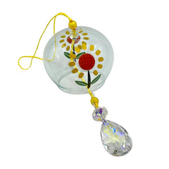 Glass Flower Sun Catcher with crystal pendant 3 inch diameter yellow sunflower design