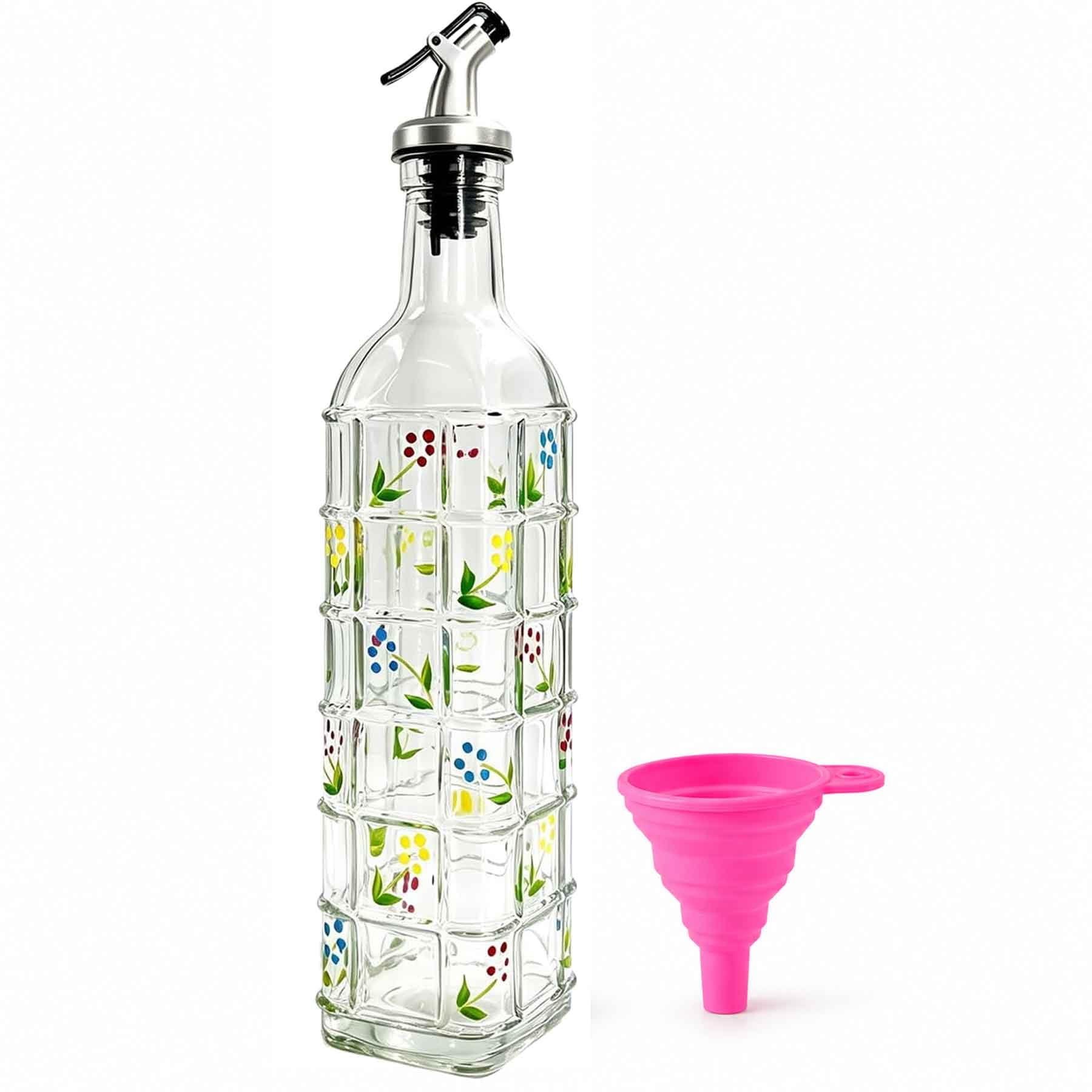 Glass oil bottle with floral relief panels and 500ml capacity