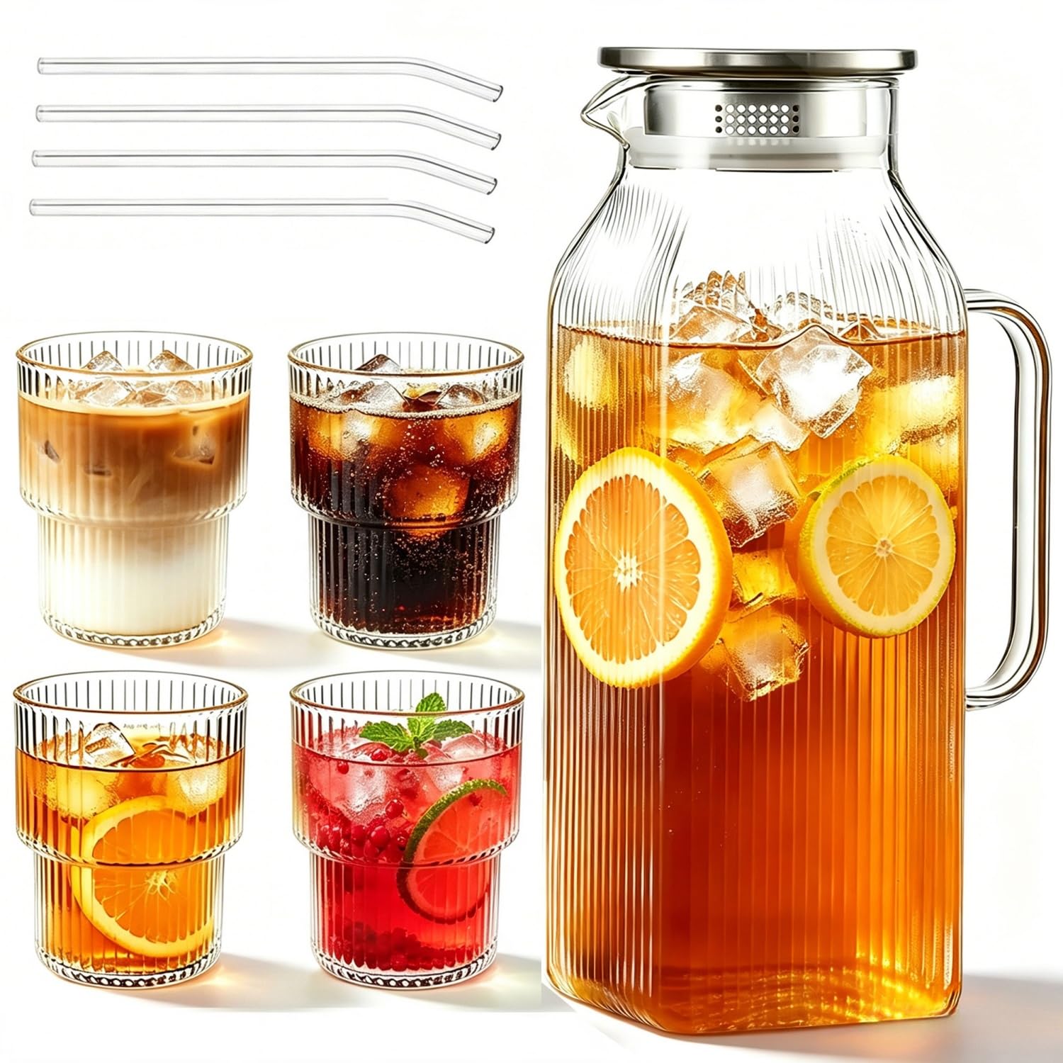 68 oz ribbed glass pitcher with lid and four cups