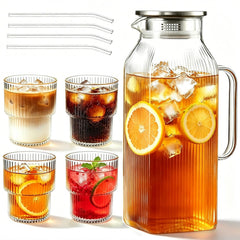 68 oz ribbed glass pitcher with lid and four cups