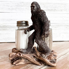 Bigfoot salt and pepper shakers in rustic cabin decor style