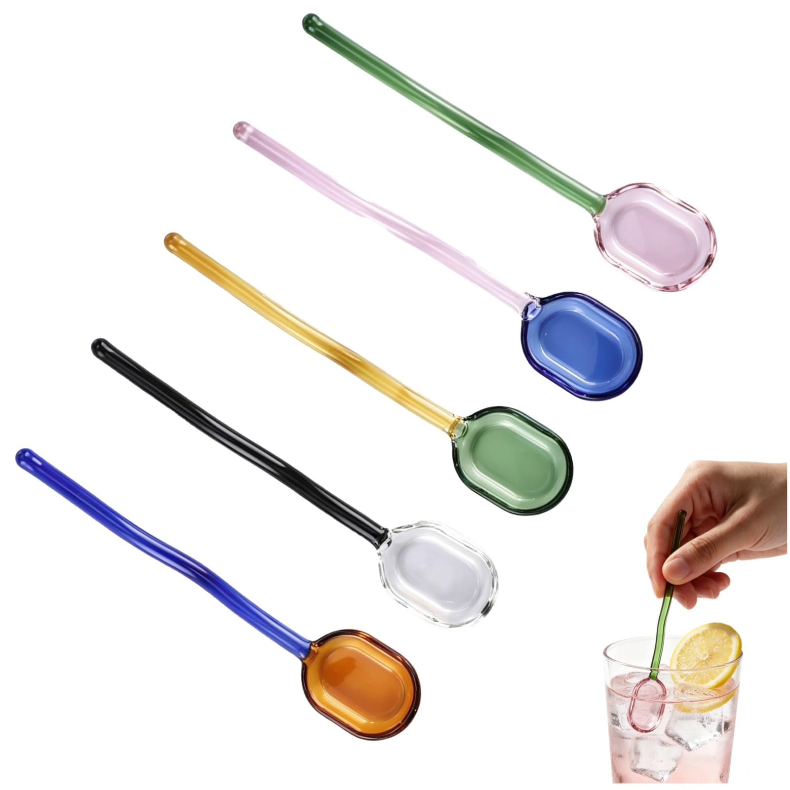 glass spoons set 5 pieces 6.2 inches with colored wavy handles