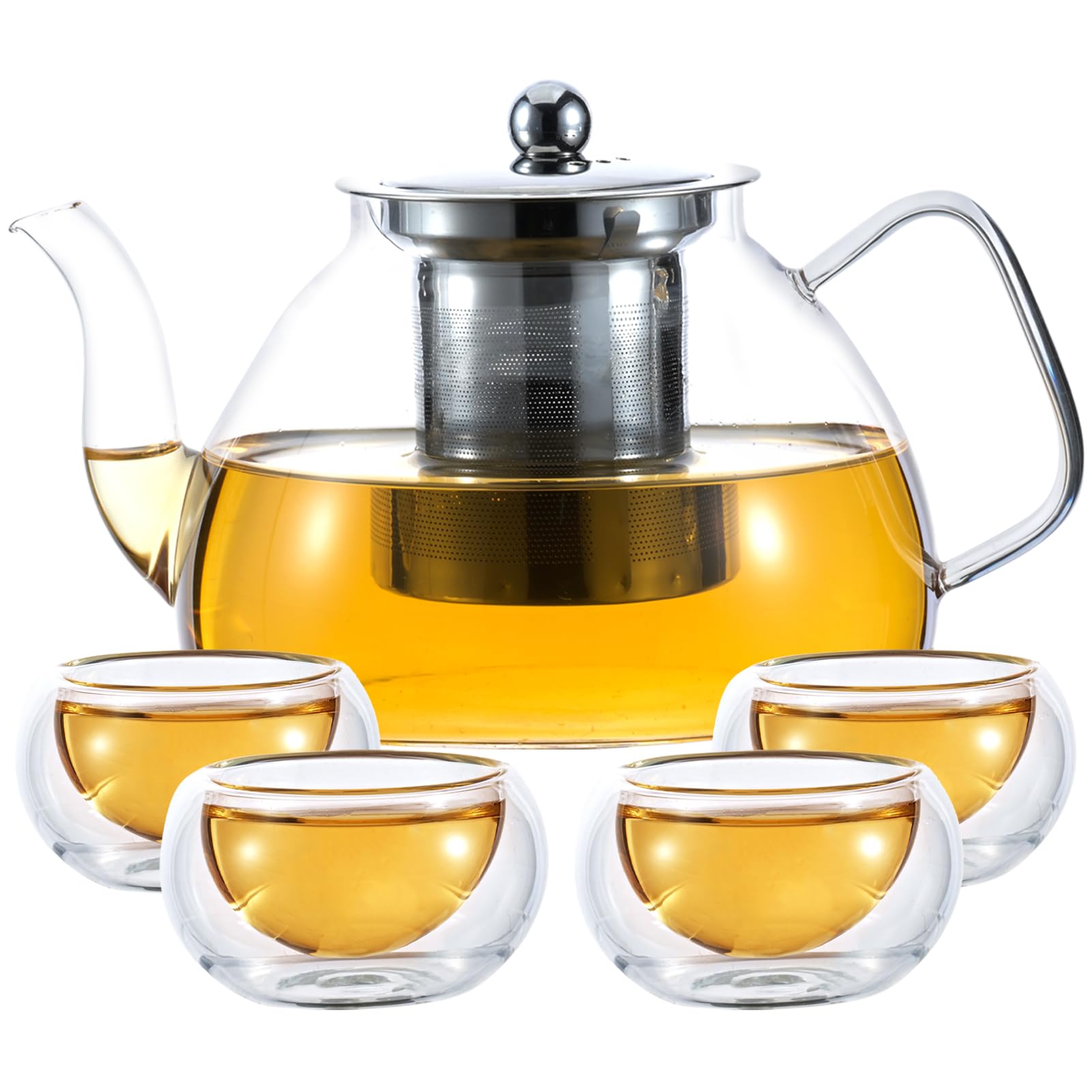 Glass teapot with four double-walled teacups