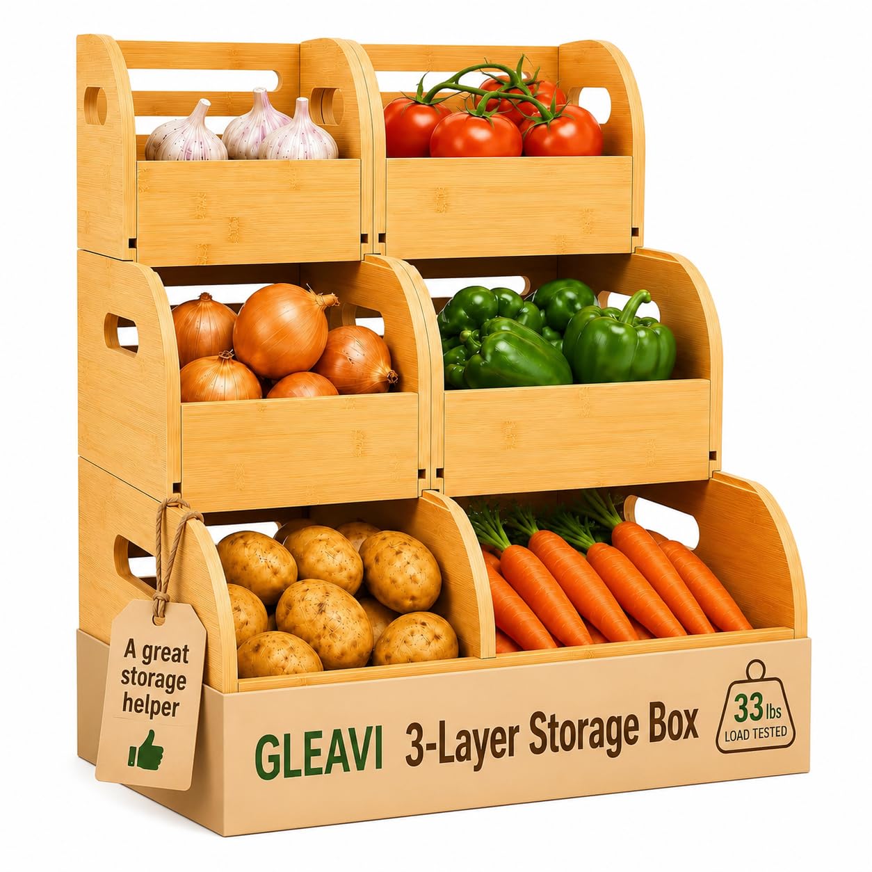 GLEAVI bamboo potato and onion storage bin front view