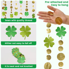 Glitter green shamrocks with gold accents on garland string