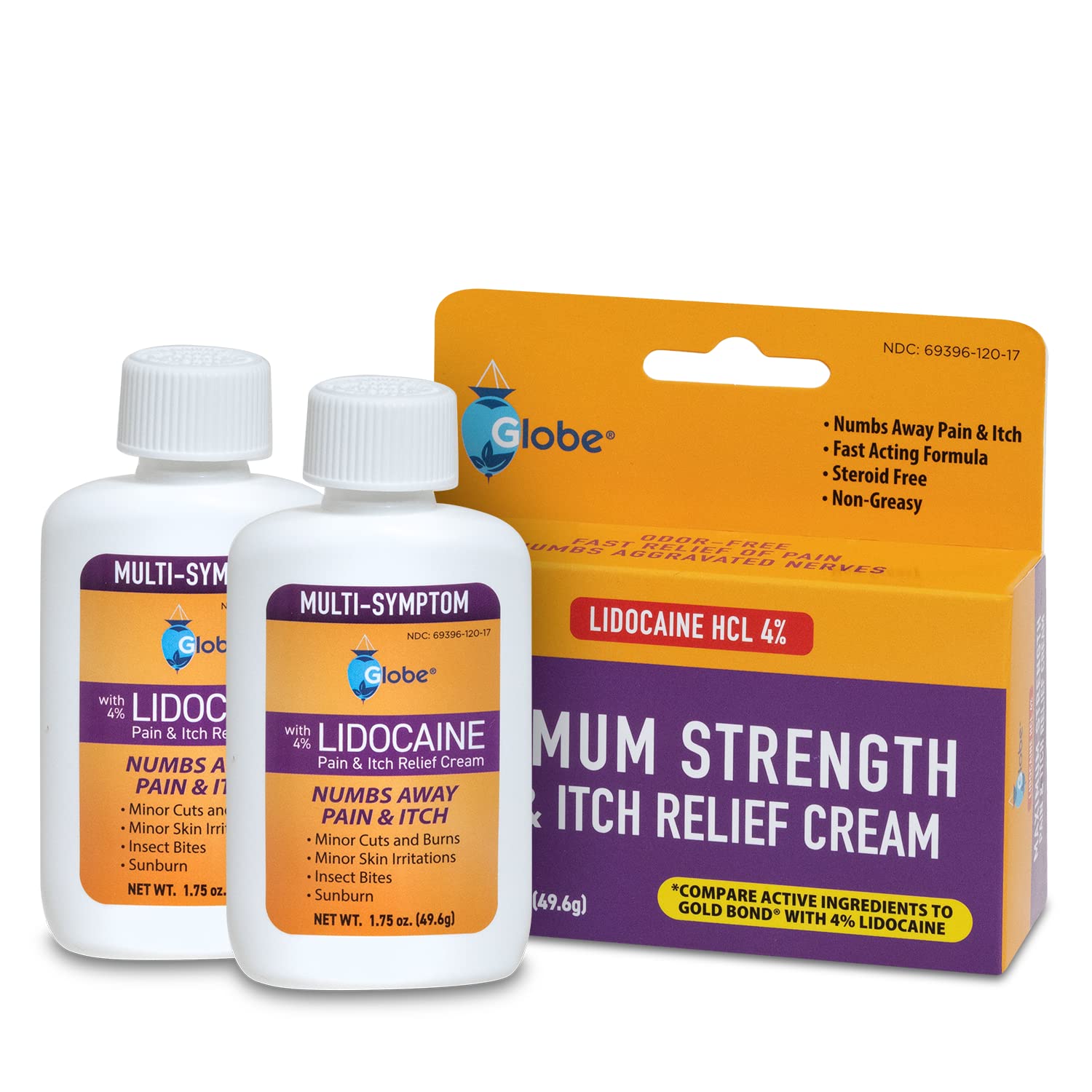 Two 1.75 oz Globe Lidocaine 4% multi symptom relief cream bottles