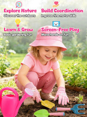 Kids gardening hand rake and shovels in pink Biubee kit