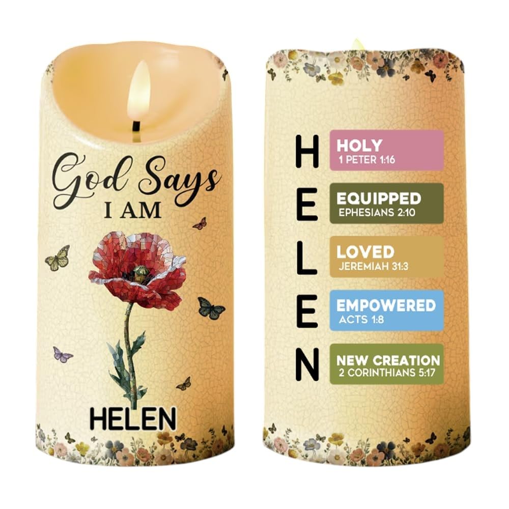God Says I Am Name Letter In Bible LED Candle with personalized name and birth flower