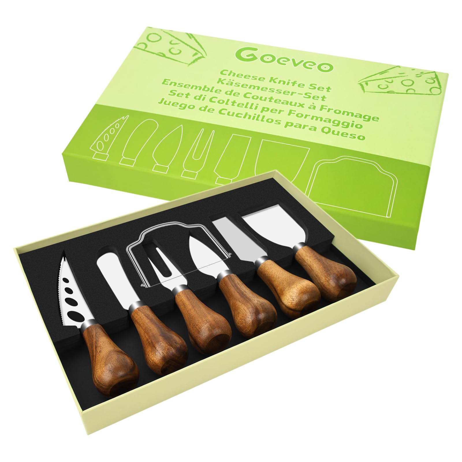 Goeveo 7-piece cheese knife set with acacia wood handles