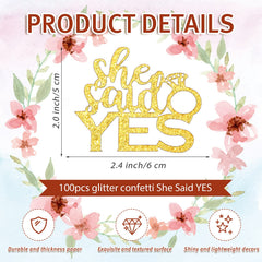 Gold confetti with She Said Yes lettering and diamond ring design