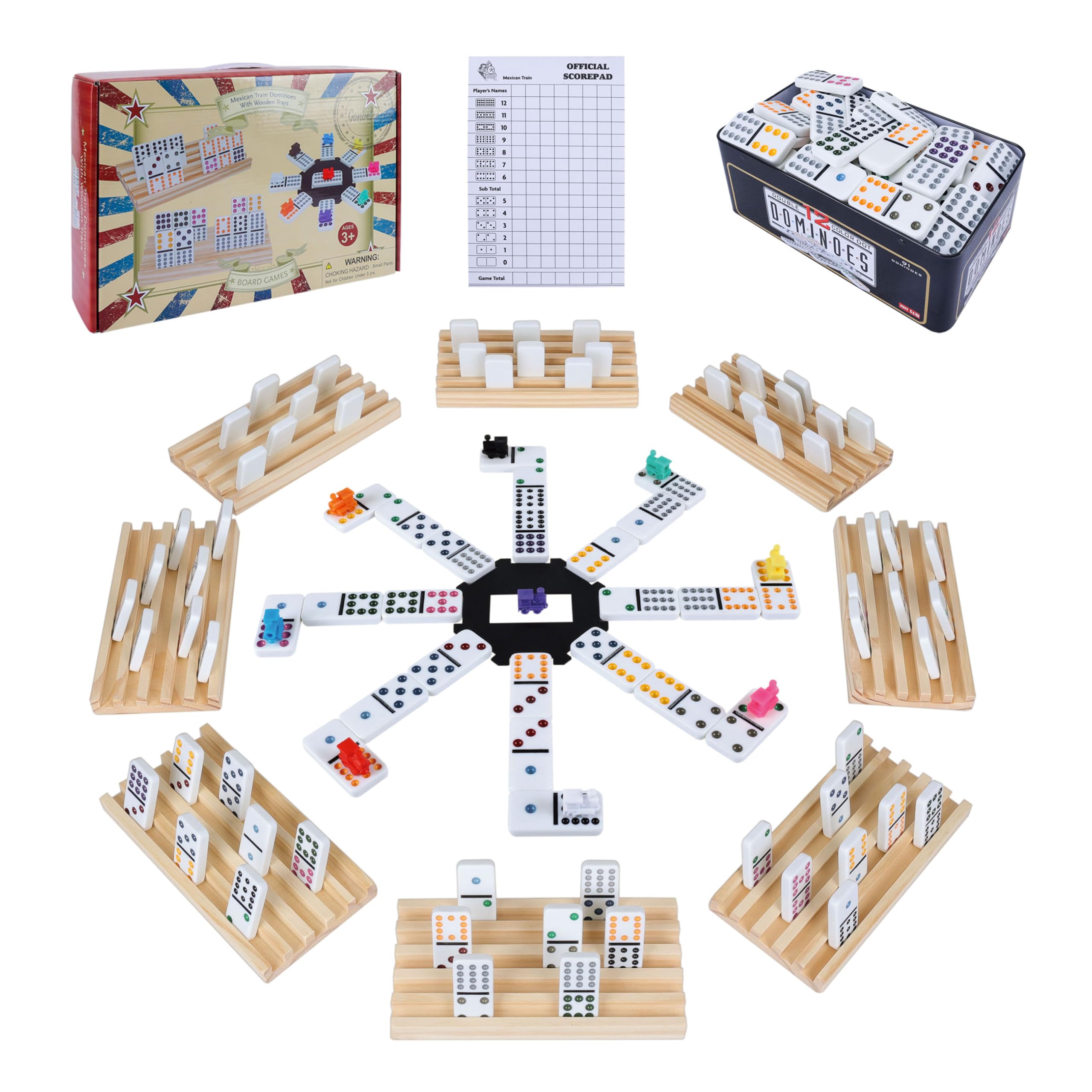 Gonoelec Double 12 Mexican Train Dominoes Set complete with 91 dominoes and tin box