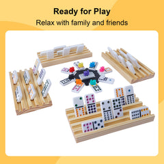 Domino tiles measure 2x1 inches and wooden trays 8x4 inches