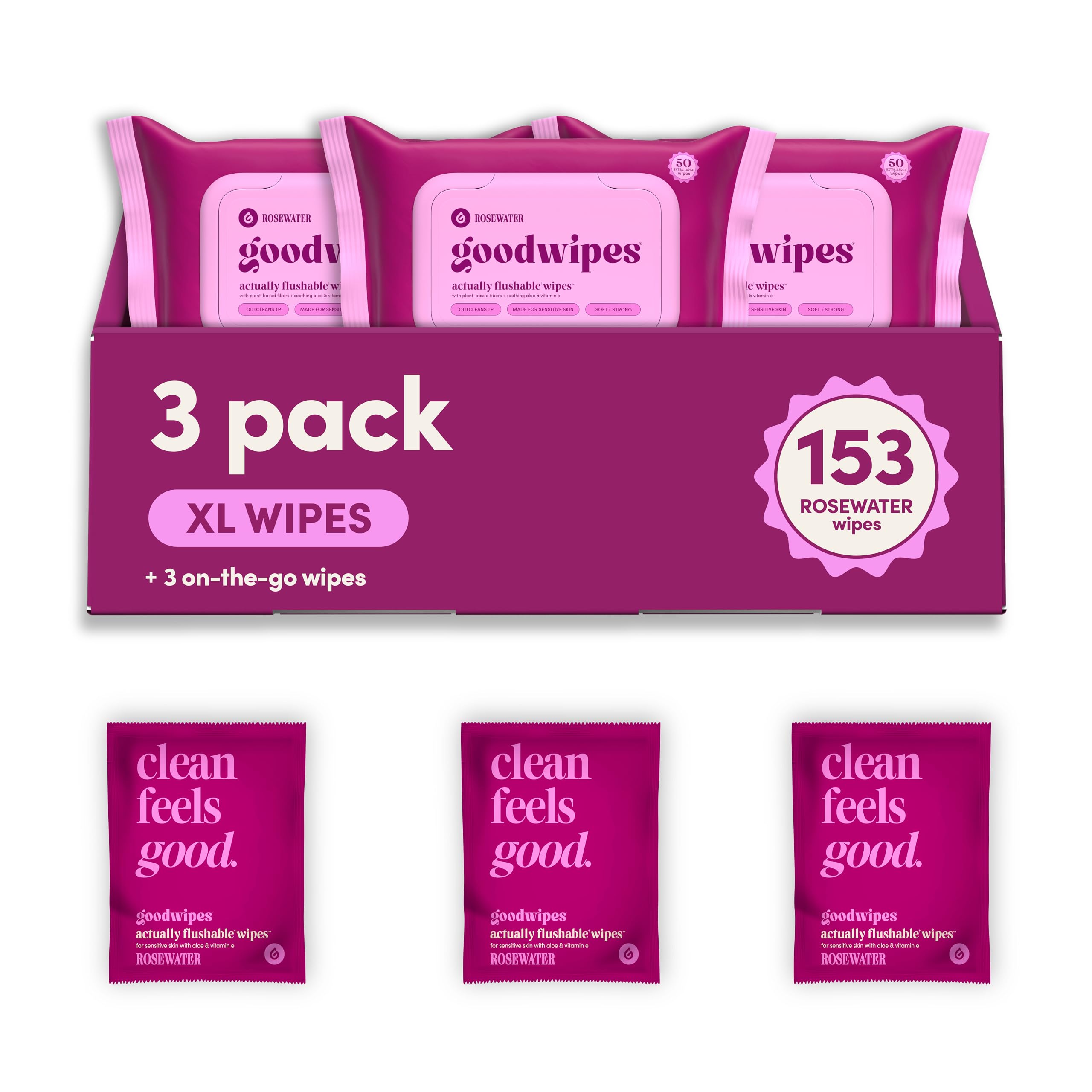 Goodwipes flushable wipes Rosewater 153 wipes in a 3 pack