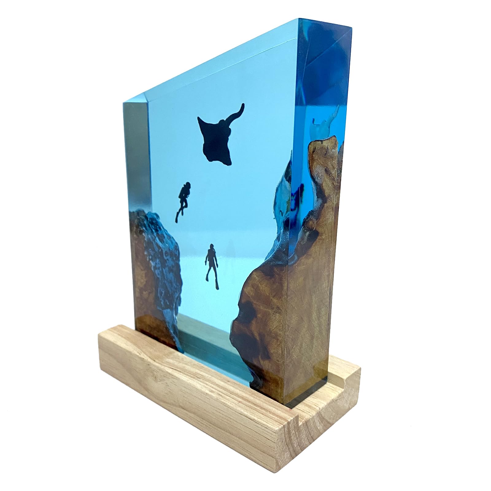 Resin night light with ocean scene on wooden base