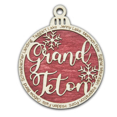 Grand Teton National Park ornament front view showing eight park landmarks on birch layers