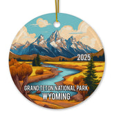 Grand Teton National Park Wyoming Christmas Ornament front illustration 3-Inch Ceramic