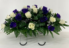 Saddle-style cemetery flower arrangement fits standard headstones