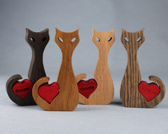 Gray color wooden cat statue with heart option