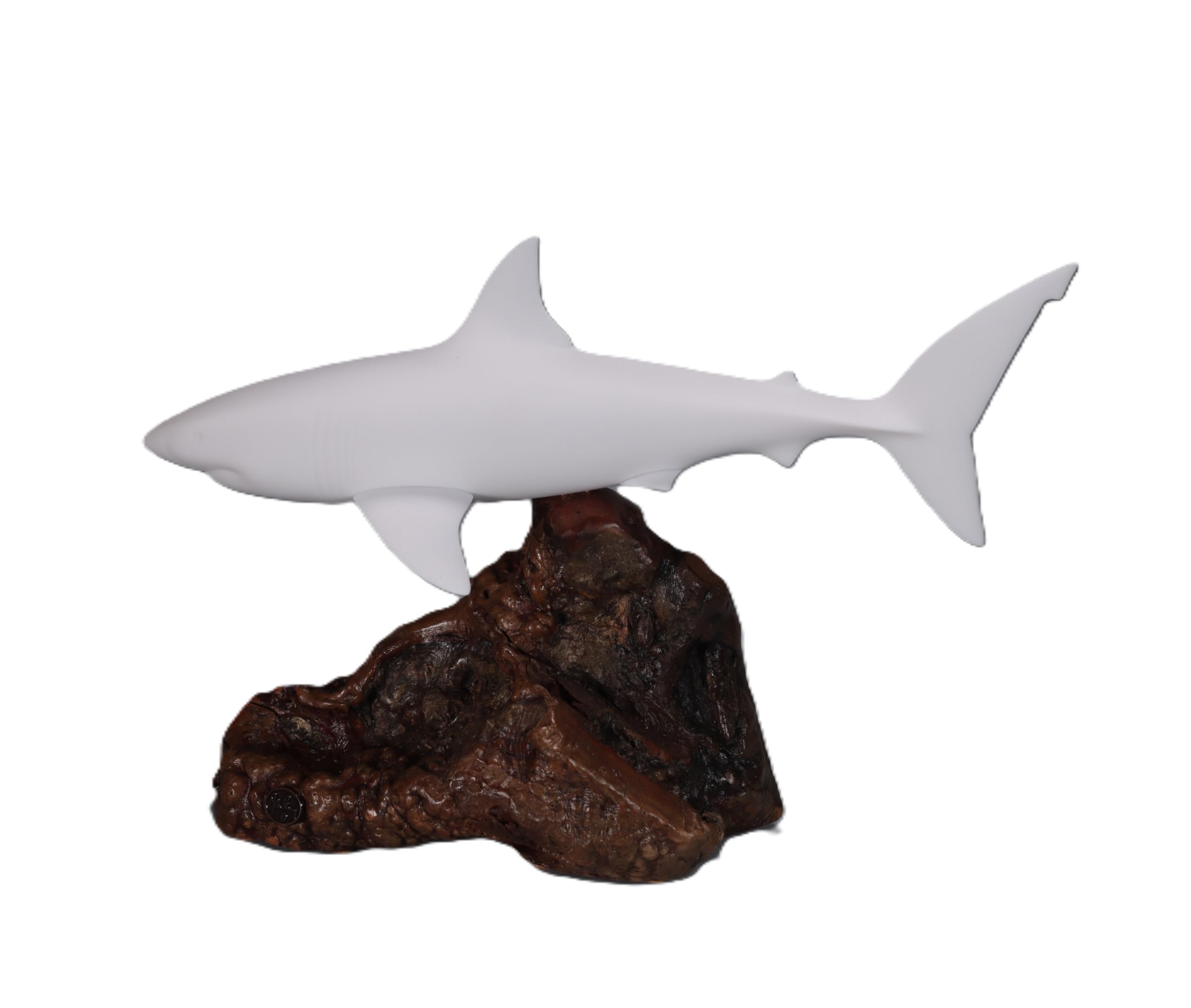 Great White Shark Sculpture by John Perry on polished burlwood base