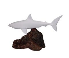 Great White Shark Sculpture by John Perry on polished burlwood base